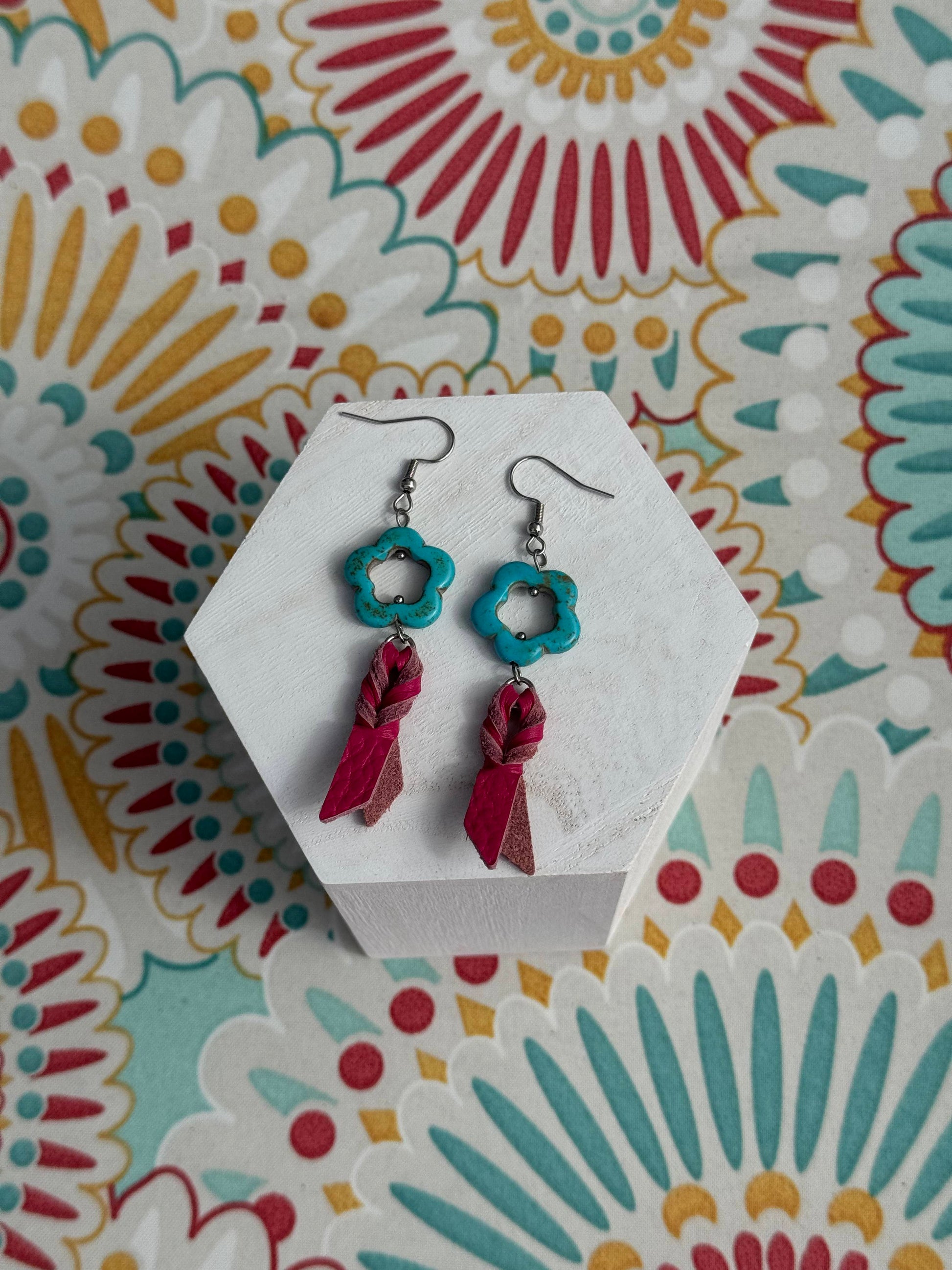 Boho Cowboy earrings feature authentic magnesite quatrefoil stones, leather tassels and stainless steel, hypoallergenic earring wires